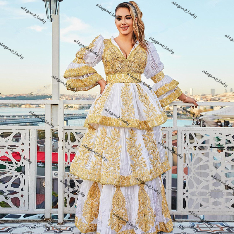 Vestidos Formales Traditional Kosovo Albanian Evening Dresses gold lace Applique long sleeve Prom Dress Robe Soirée De Mariage