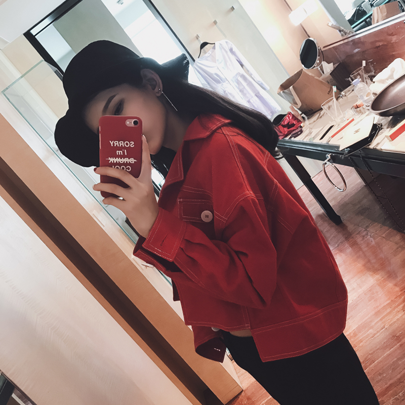 Mishow 2019 Spring And Autumn Women Denim Jacket Vintage Cropped Short Denim Coat LongSleeve Slim Red Jeans tops T200319
