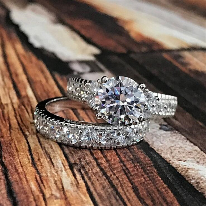 Classical Vintage Fashion Jewelry Couple Rings 925 Sterling Silver Round Cut White Topaz CZ Diamond Party Women Wedding Bridal Ring Set Gift