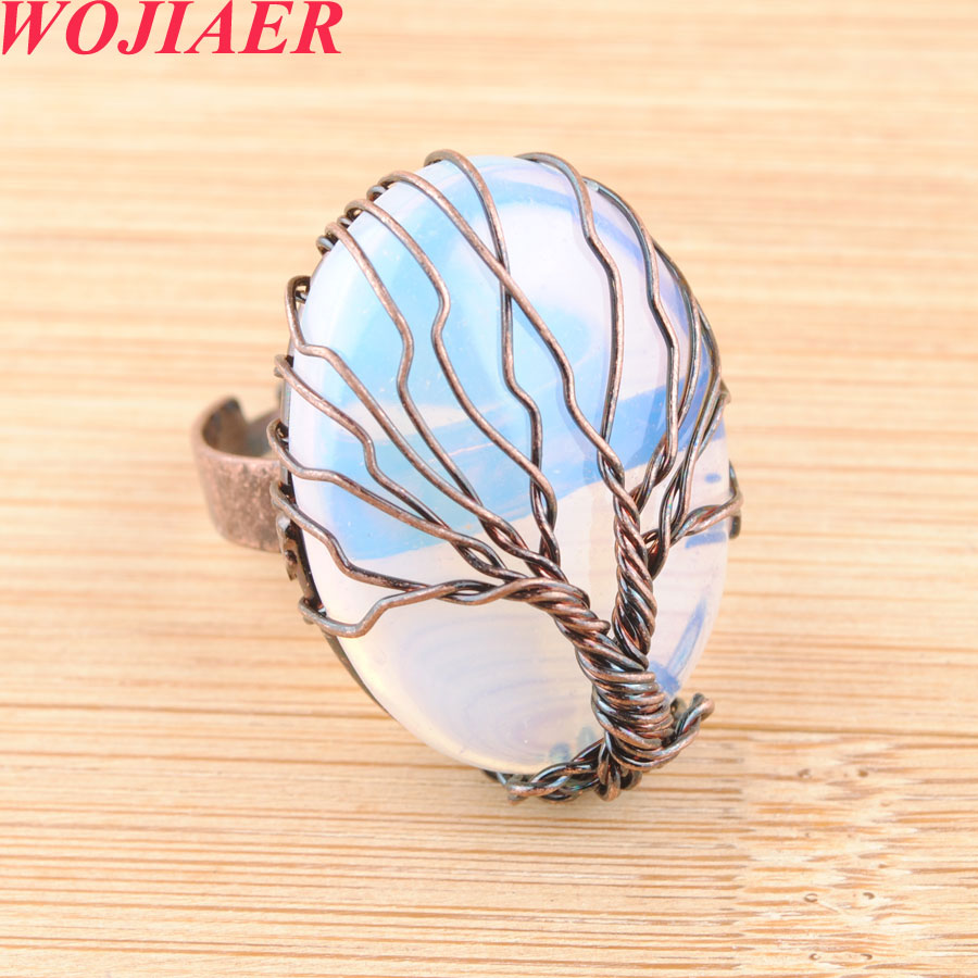 WOJIAER Antique Rings for Women Natural Stone Egg Shape Bead Vintage Wire Wrapped Tree of Life Adjustable Ring BO913