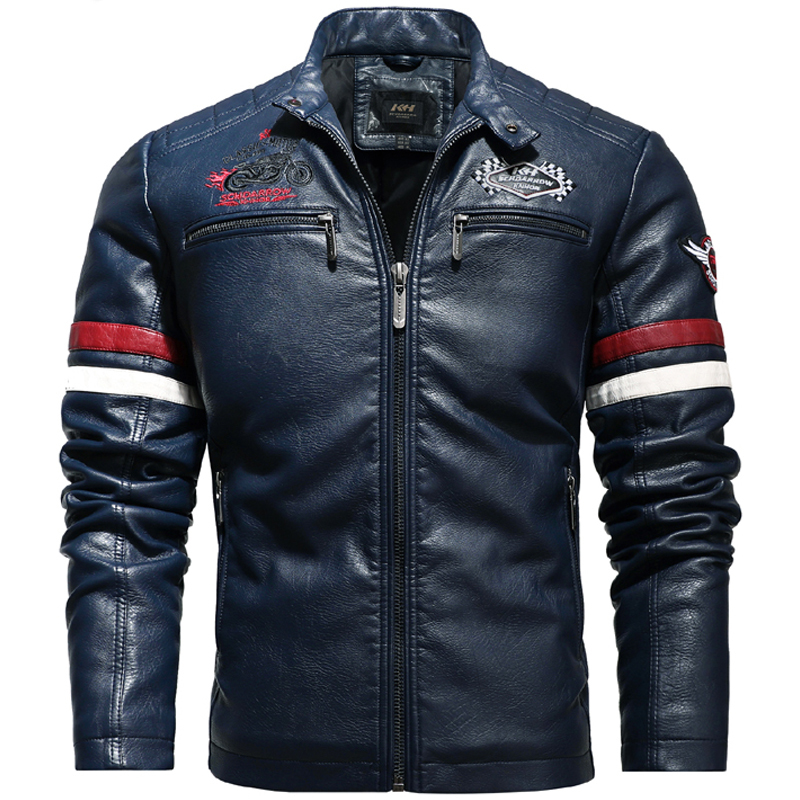 Winter Men Jacket Leather Men Motorcycle Jacket Embroidery Bomber Jacket Slim Fit Coat Biker Coat Fashion Zipper Coat Male 201224