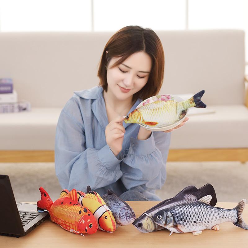 Fish Cat Realistic Plush Electric Flipping Doll Funny Interactive Pets Chew Bite Floppy Toy Perfect for Kitty Exercise