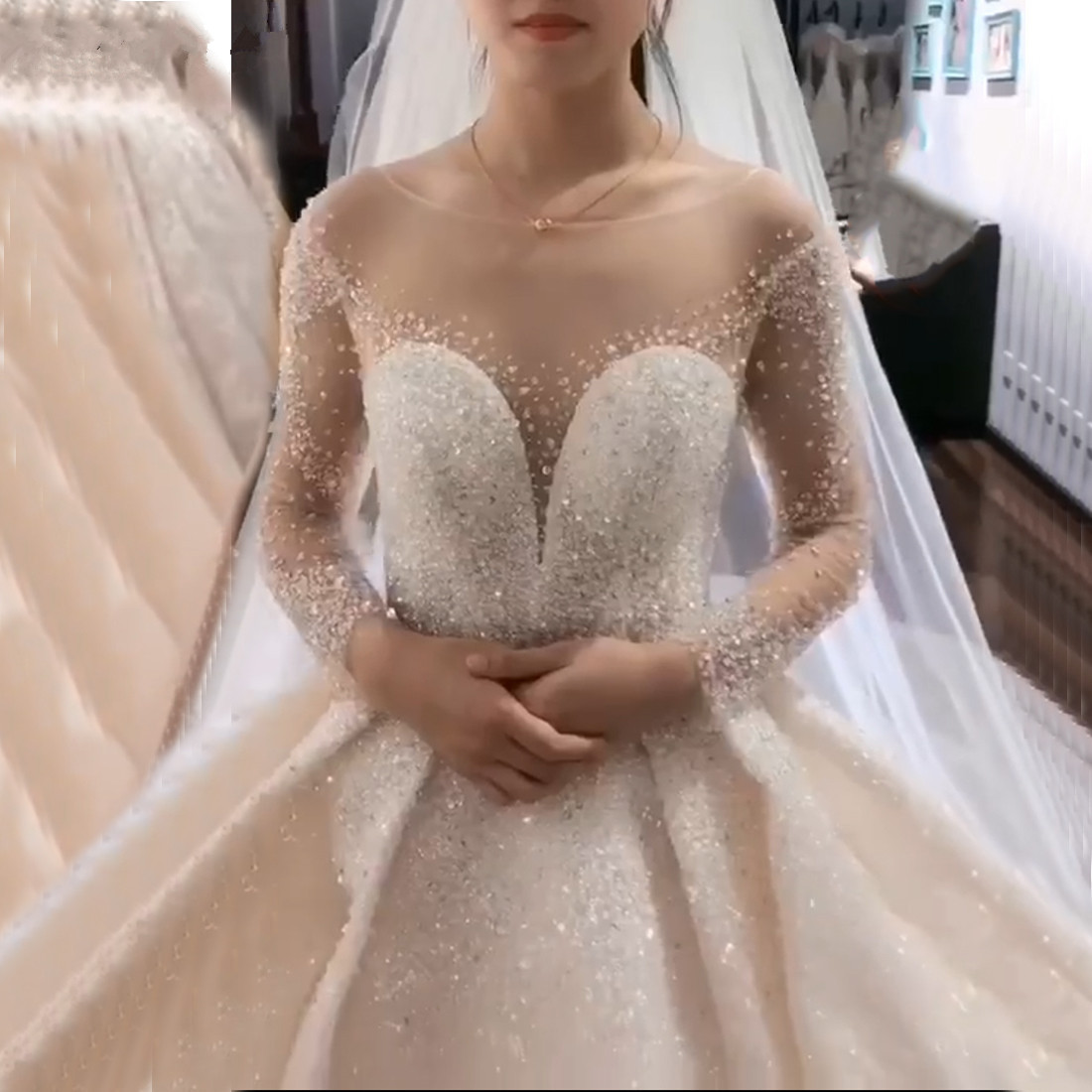 Sparkle High-end Sexy Wedding Dresse Appliques Scoop Neck Brush Train Long Sleeves Custom Made Bridal Dresses Vestido De Novia