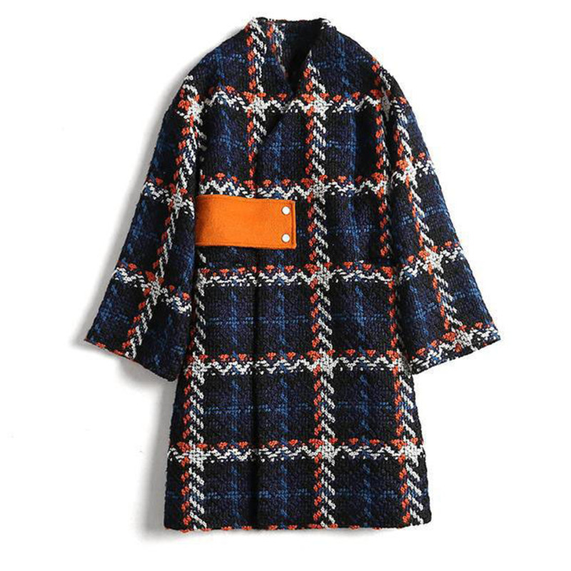 LANMREM autumn and winter fashion plaid warm vneck allmatch woolen coat Women's Midlength overtheknee loose coat 2A905 201112