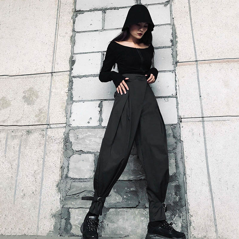 [EAM] High Waist Black Irregular Split Long Harem Trousers New Loose Fit Pants Women Fashion Tide Spring Summer 1W418 201106
