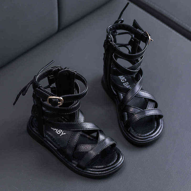 Kids Roman Sandals High-Top Girls Flat Beach Sandals Children Girls Princess Shoes Solid Color Summer Shoes G220307