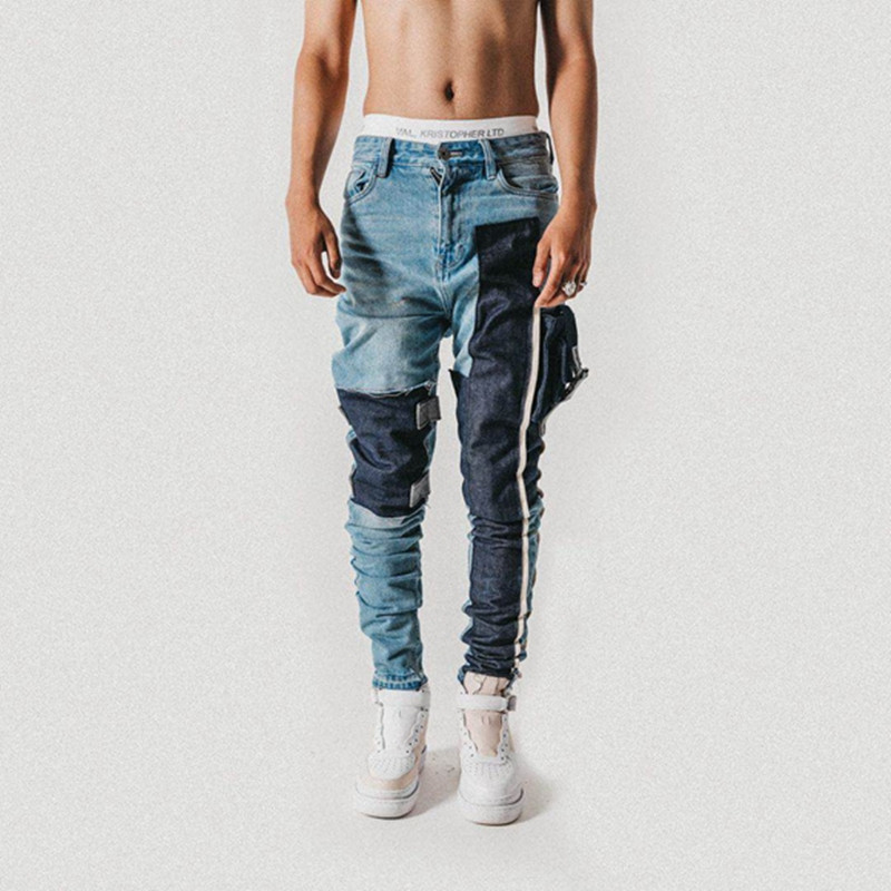 Strapped Pocket Distressed Jeans Slim Tapered Biker Jeans Hip Hop Streetwear Non-stretch Cotton 201111