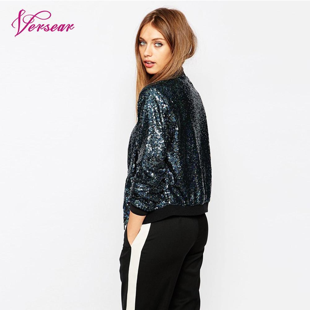 Versear Spring Autumn Women Sequin Coat Bomber Jacket Long Sleeve Zipper Streetwear Tunic Loose Casual Basic Lady Outwear 201017