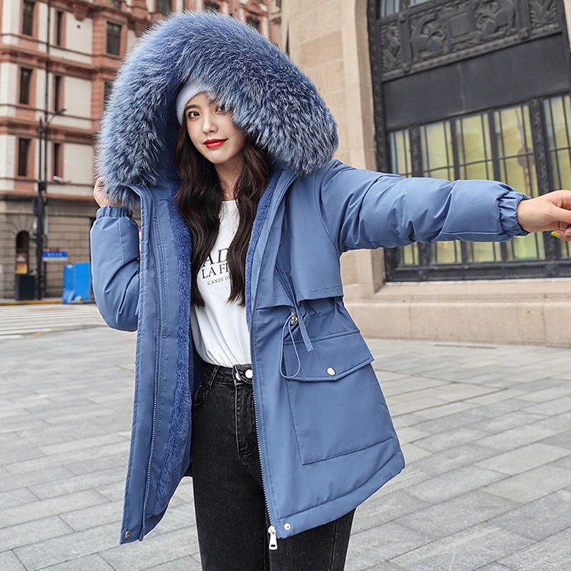 Korean big fur collar jacket women winter thicken warm parkas coats plus size loose casual winter clothes women outwear 201019