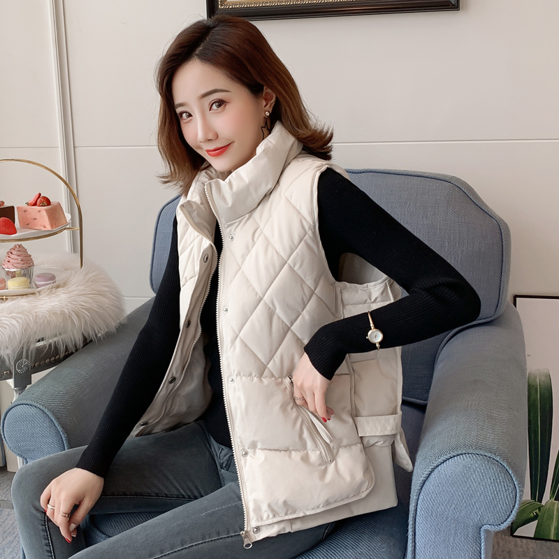 MUMUZI Winter warm Women's Vest loose Plaid Down Cotton wadded Coats Slim Zipper Waistcoats Beige Sleeveles Parkas Female 201102