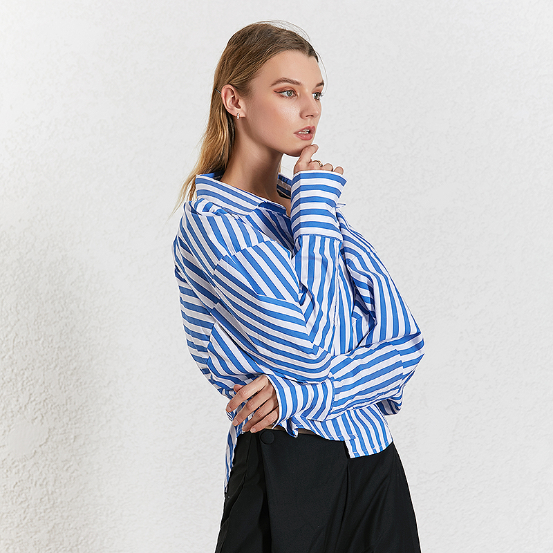TWOTWINSTYLE Korean Striped Women's Shirt Lapel Collar Puff Sleeve Loose Asymmetrical Casual Blouses Female Fashion 201028