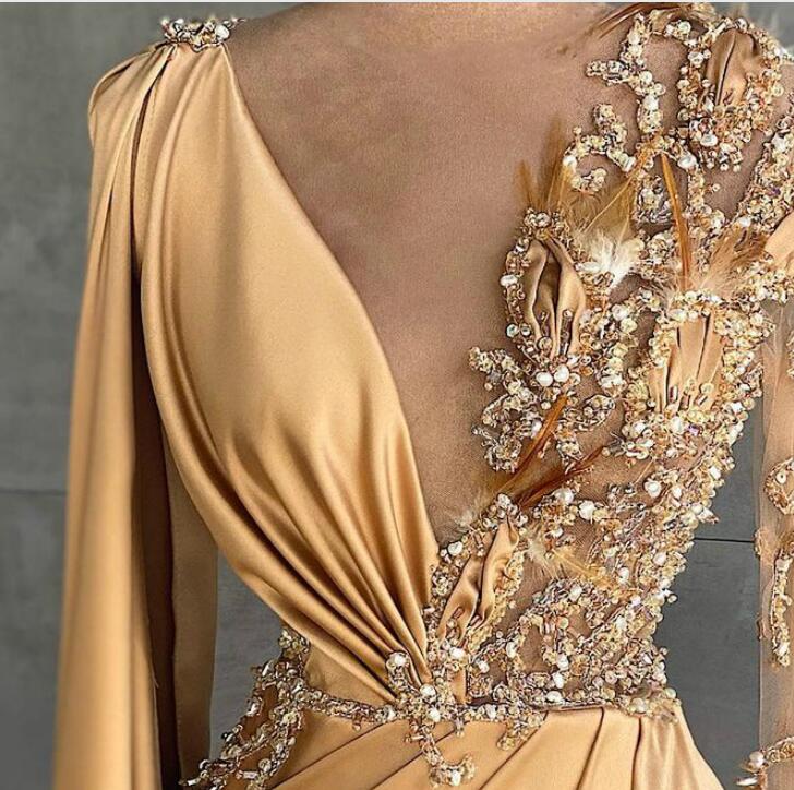 aso ebi arabic gold mermaid sexy evening dresses beaded crystals prom dresses high split formal party second reception gowns zj295