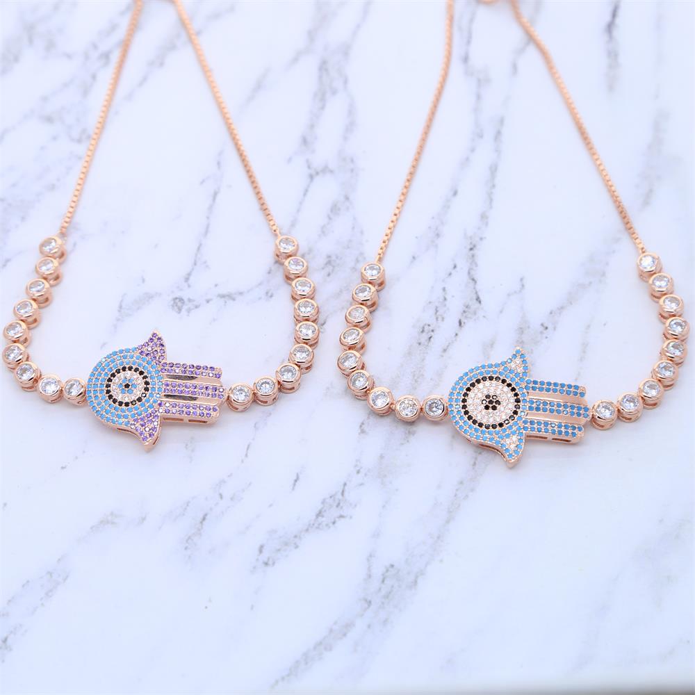 New Rose Gold Color Blue Purple CZ paved Turquoises Stone Adjust Tennis chain bracelet for women Lucky Hamsa Hand Bracelet Wholesale