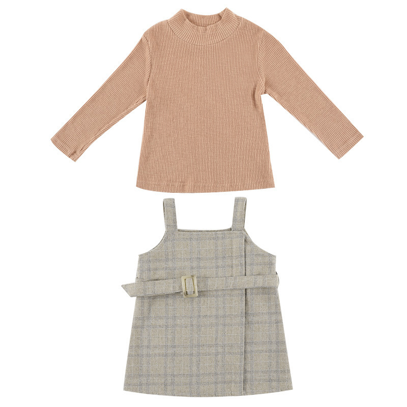 Korean Two Piece Set Baby Girls Knitted T-shirt + Suspender Dress Plaids Outfits Streetwear Toddler Kids Clothes 1 to 6 yrsX1019