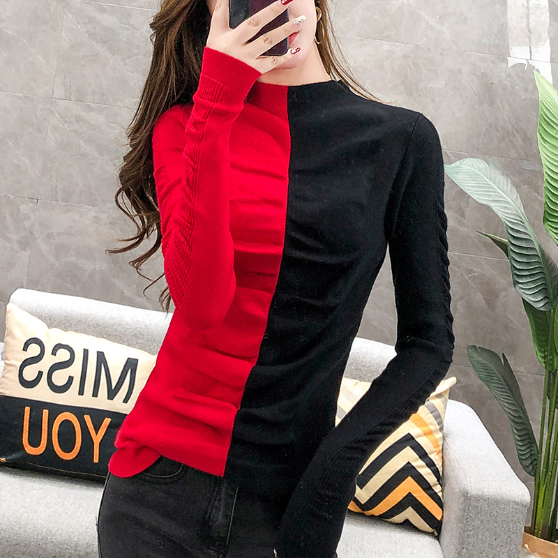 Patchwork Thicken Knit Sweater Autumn Winter Fashion Slim Women Turtleneck Pullover Ruched Women Jumper Elastic T07807B 201223
