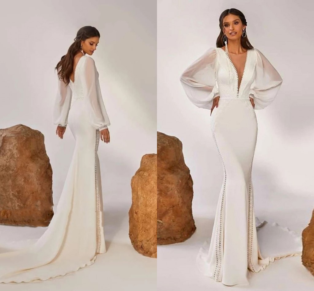 Boho mermaid Wedding Dresses V-Neck Appliques crochet Lace Long Puffy Sleeve Soft Satin Wedding bridal Gown vestido de noiva