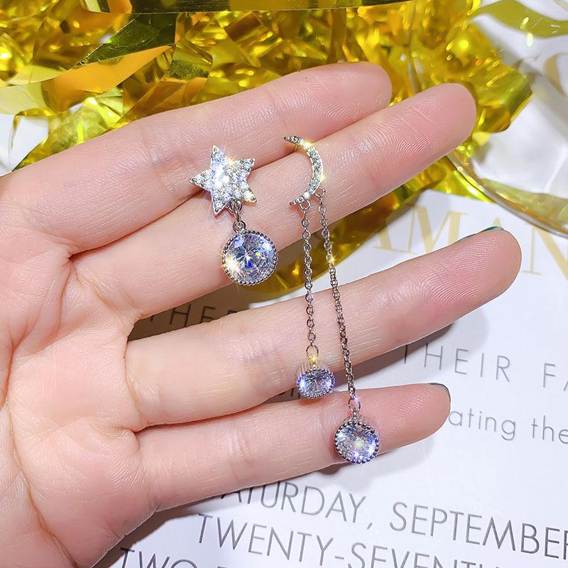 

FORSEVEN Star Moon Crystal Long Tassels Ear Drop Asymmetric Dangle Earrings for Women Girl Bride Bridal Wedding Party Jewelry