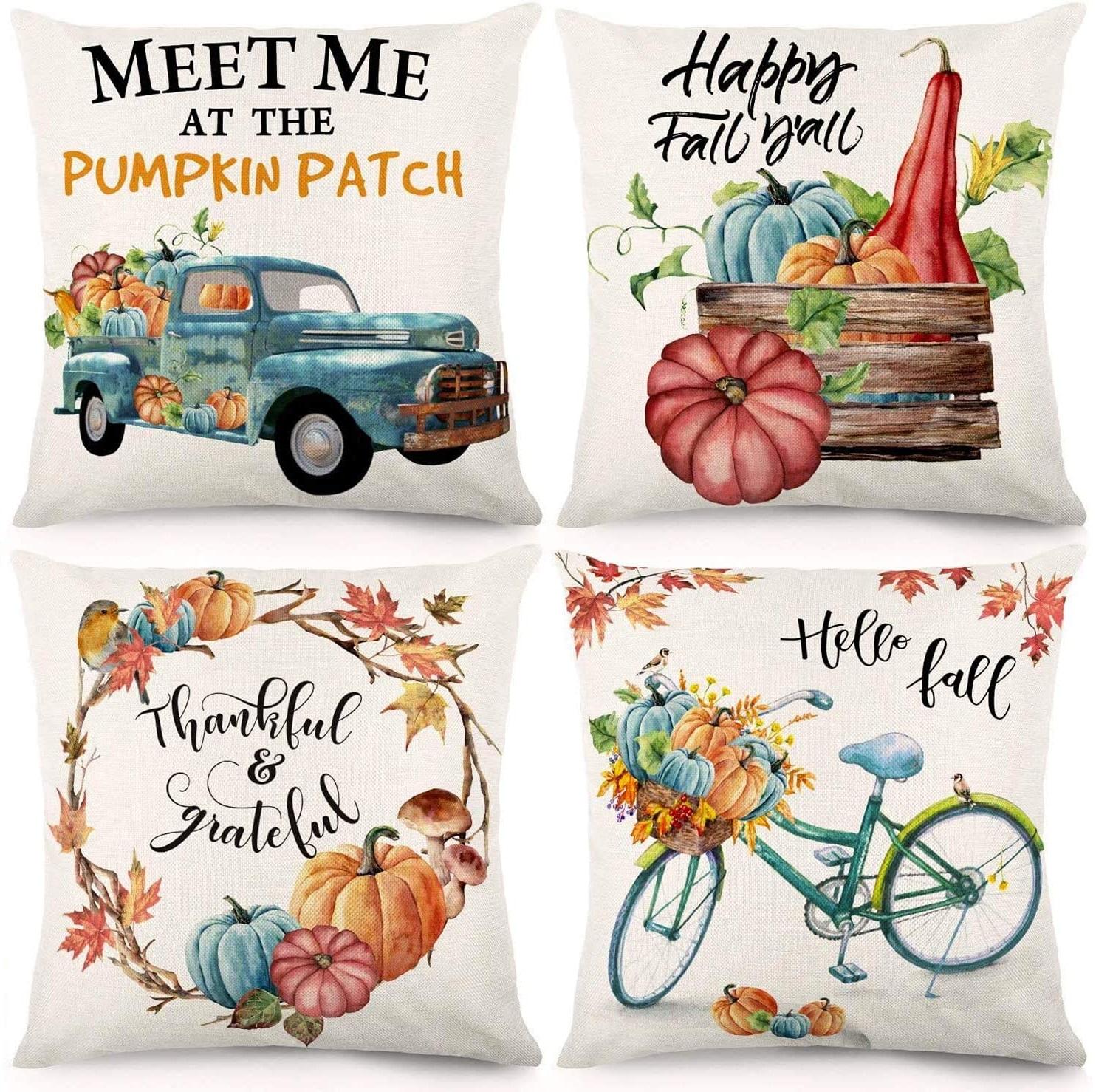 

Fall Throw Pillow Covers 18x18 Inches Pumpkin Thanksgiving Farmhouse Decorative Autumn Pillowcase Cotton Linen Cushion Case for Home Decor, As picure