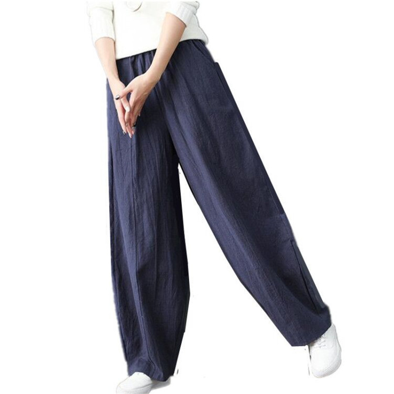 Large Size 6XL 7XL Women Summer Casual Loose Long Pants Autumn High Elastic Waist Cotton Linen Wide Leg Pants Lantern Trousers T200727
