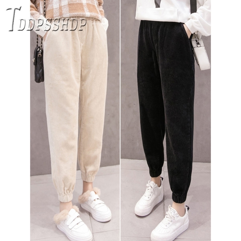 High Waist Loose Female Trousers Streetwear Corduroy Korean Women Pants 201111