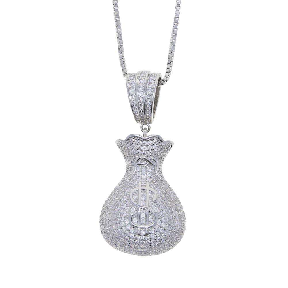 Full Micro Paved Cubic Zirconia CZ Iced Out Dollar Money Bag Pendant Hip Hop Women Necklace With Tennis Box Chain