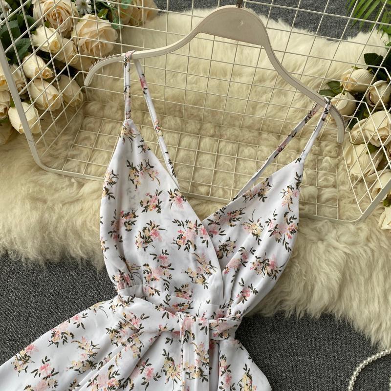 New Summer Flower Print Spaghetti Strap Dress Female V Neck High Waist Sexy Dress Ladys Red Mini Dress T200603