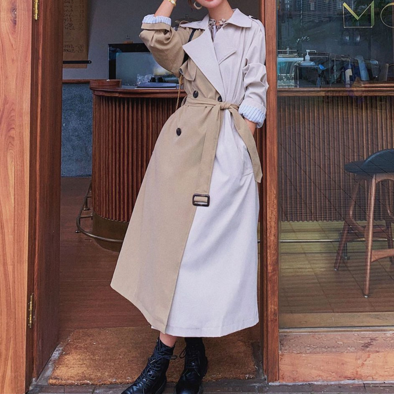 [DEAT] Women's Coat Hit Color Lacing Slim Full Sleeve Over Long Wild Loose Casual Trench New Autumn Fashion Clothing AM791 201211