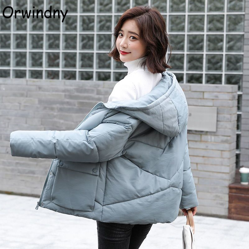 Orwindny Solid Women's Jacket Short Autumn Winter Jacket Coat Female Hooded Padded Clothing Big Pockets Sweet Parkas Outerwear 201019