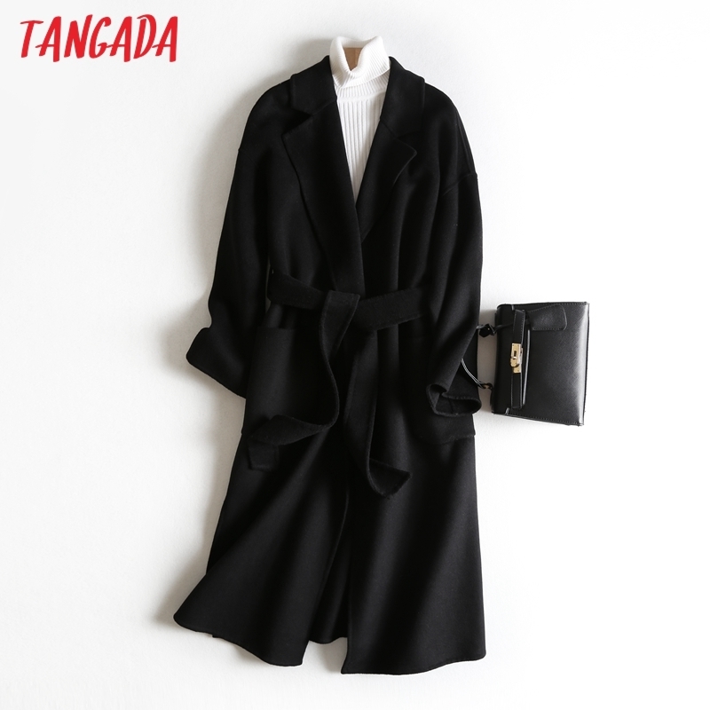 Tangada Women Elegant Green 100 Wool Long Coats With Slash Long sleeves Autumn Winter Female Overcoat high quality 4R2 201216