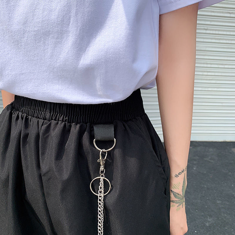 Women's Cargo Pants Buckle Ribbon Pocket Jogger Elastic Waist High Streetwear Harajuku Punk Ring Chain Females Trousers 201106