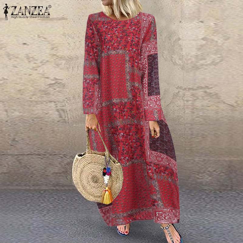Vintage Printed Maxi Dress Women's Sundress ZANZEA Casual Long Sleeve Tunic Vestidos Female O Neck Bagyy Robe Plus Size 5XL T200613