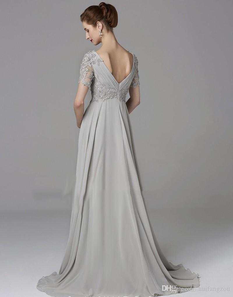 Modest Gray Chiffon Mother Of The Bride Dresses With Short Sleeve Lace Appliqued Beaded Mother Guest Dress Custom Made Long Evening Gowns