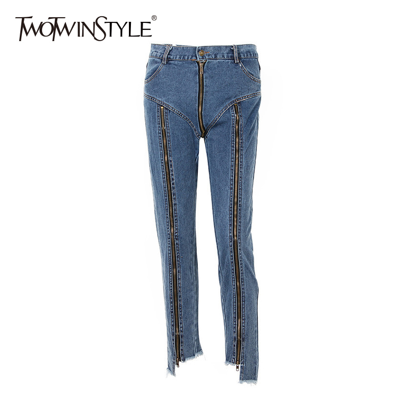 TWOTWINSTYLE Zipper Jeans For Women Patchwork High Waist Large Size Long Irregular Pants Female Spring Fashion Sexy Clothes 201029