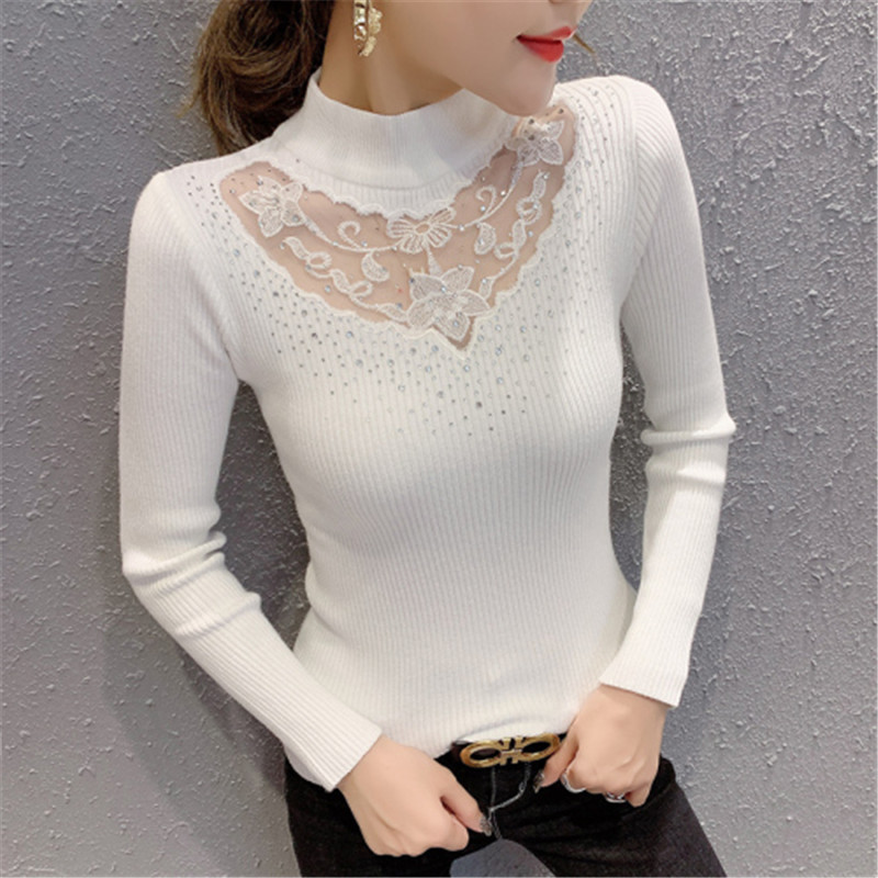 Spring Sweater Women Diamonds Lace Mesh Transparent Half Turtleneck Pullover Long Sleeve Knit Jumper jersey de mujer T9D801Y 201130, Blue sweater
Spring Sweater Women Diamonds Lace Mesh Transparent Half Turtleneck Pullover Long Sleeve Knit Jumper jersey de mujer T9D801Y 201130, Blue sweater