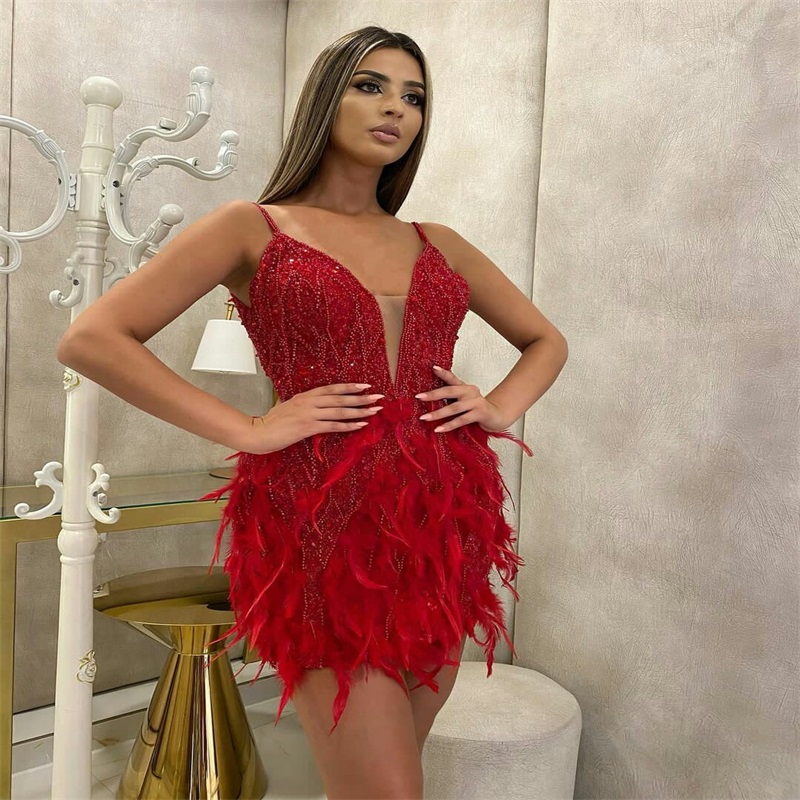 Glitter Red Short Prom Dresses Sexy Spaghetti Strap Beads Sequins Feather Luxury Newest Custom Made Evening Dresses Party Dress Real Image