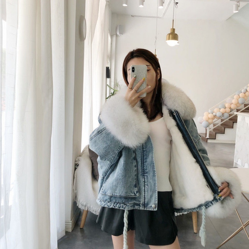 NEW winter velvet thick denim jacket female big fur collar Korean locomotive lamb coat female student short coat XXXL 4XL T200212