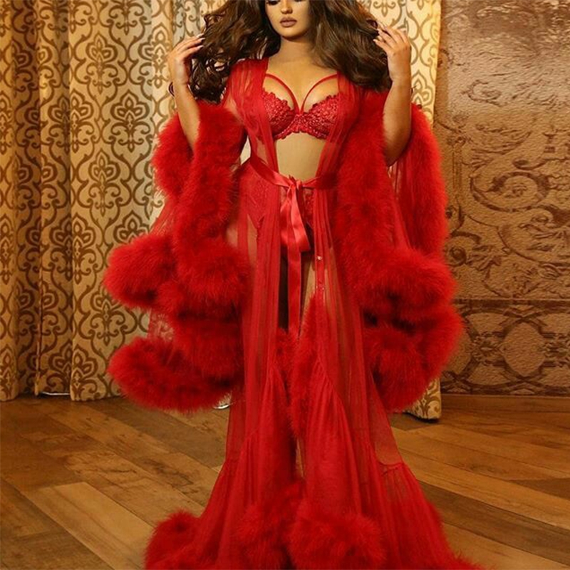 Red Luxury Fur Bridal Undergarments Long Sleeves Wedding Sleepwear Bathrobes Nightgowns Robes Women Dress for Performance Kimono