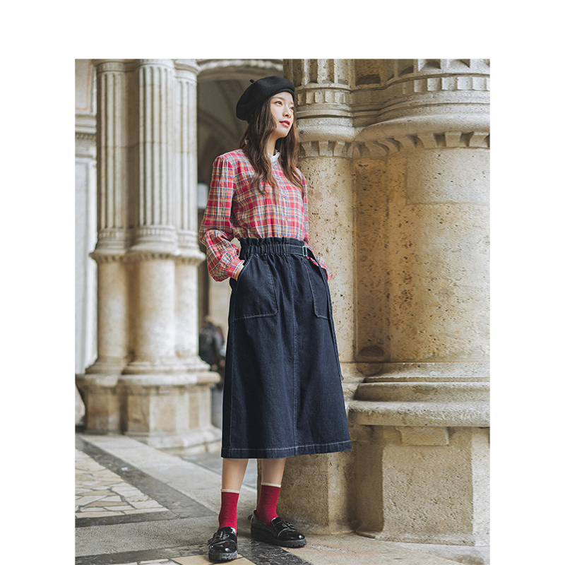 INMAN Spring Autumn Elastic Waist Fashion All Matched Patch Pocket Casual Literary Retro Women Medium Jean Skirt T200113
