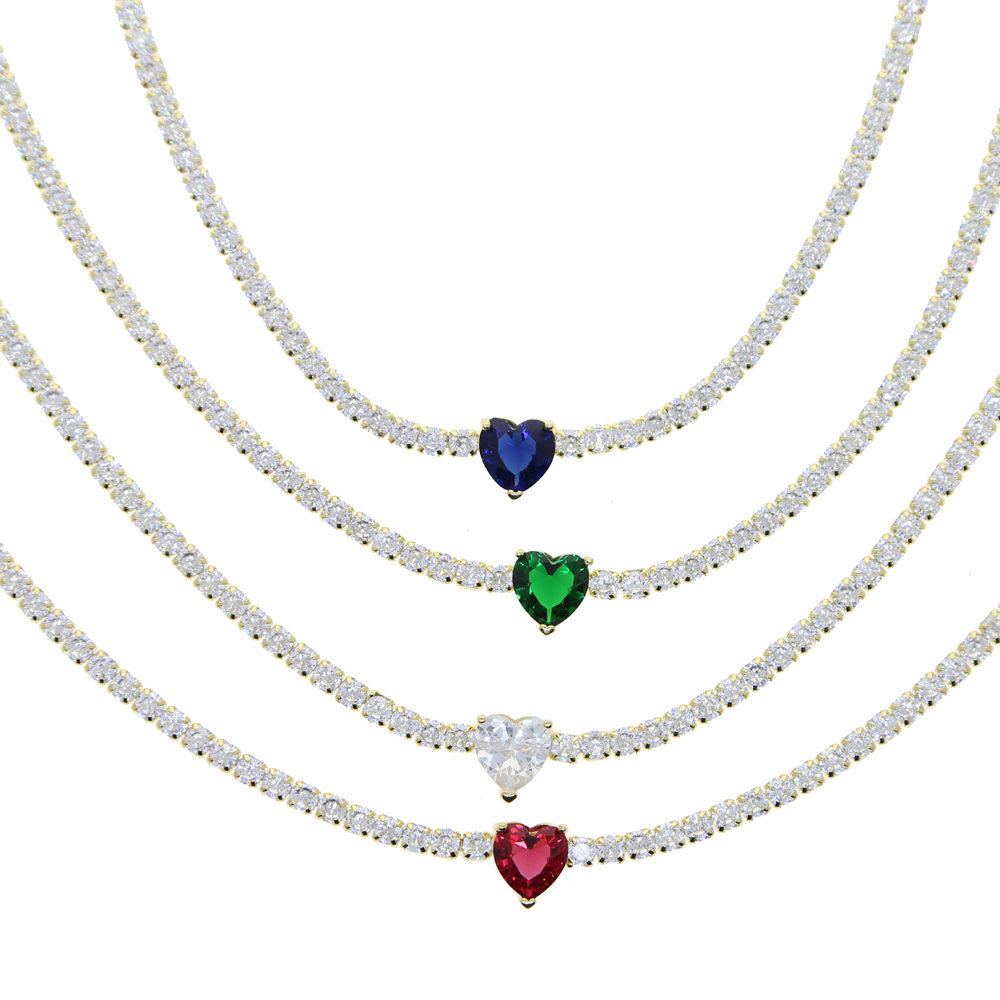 2021 Valentine's Day Gift 3mm Thin Tennis Chain Rainbow Colorful Red Green Blue White CZ Heart Gold Plated Girl Choker Necklace