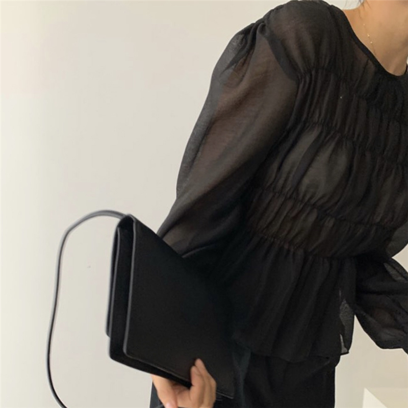 Autumn Spring Womens Blouses and Tops Long Sleeve Draped O Neck Solid Color Korean Style Elegant Casual Vestidos Mujer Blusas T200321