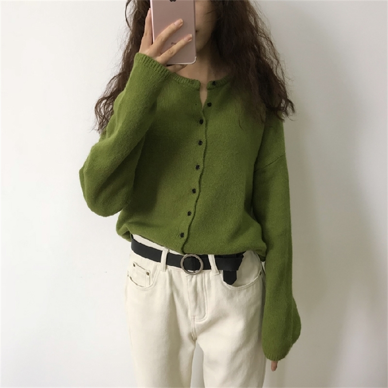 Women's Sweaters Fresh Green Korean Style Long Sleeve Cardigan Coat Autumn Solid Loose Women Clothes 10325 201031