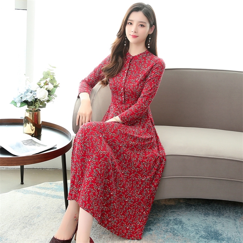 Vintage Floral Cotton Midi Dresses Autumn Winter 4XL Plus Size Print Long Sleeve Dress Elegant Women Bodycon Party Vestidos 201008