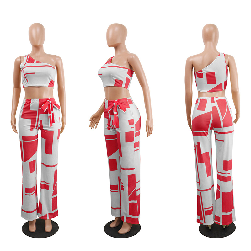 New Arrival Summer Two Piece Set Women One Shoulder High Waist Wide Leg Pants Printed Vintage Ladies Matching Set Outfits T200603