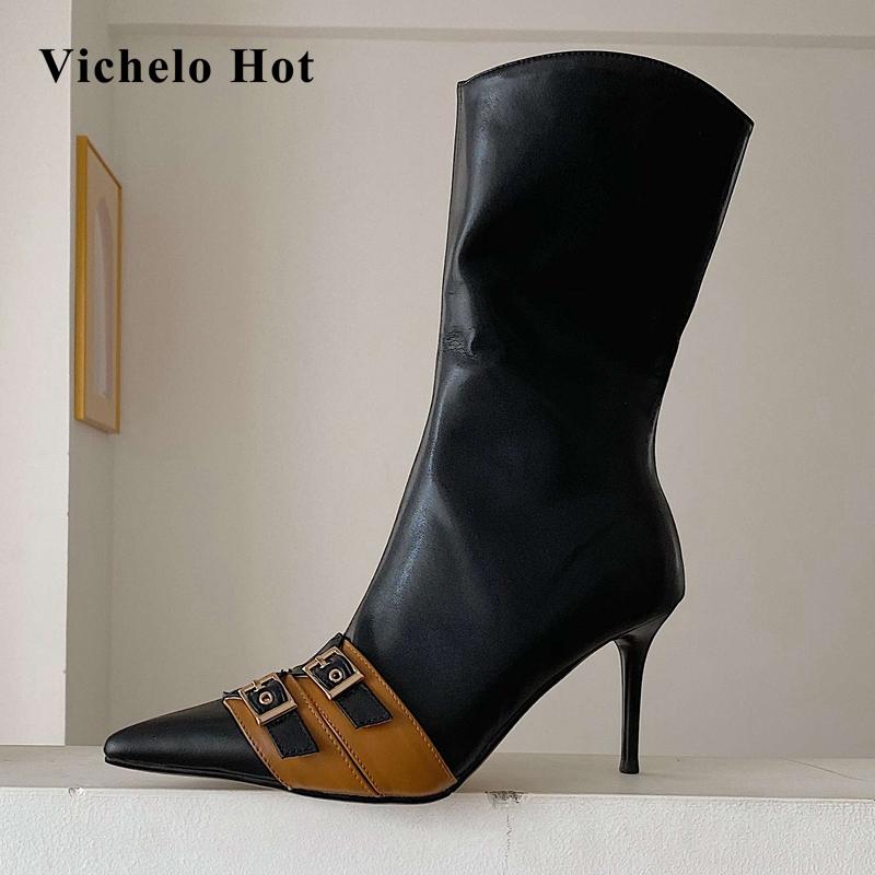Vichelo Hot 2020 winter new arrival genuine leather pointed toe thin high heels buckle decoration mature lady mid-calf boots L11, Black
Vichelo Hot 2020 winter new arrival genuine leather pointed toe thin high heels buckle decoration mature lady mid-calf boots L11, Black