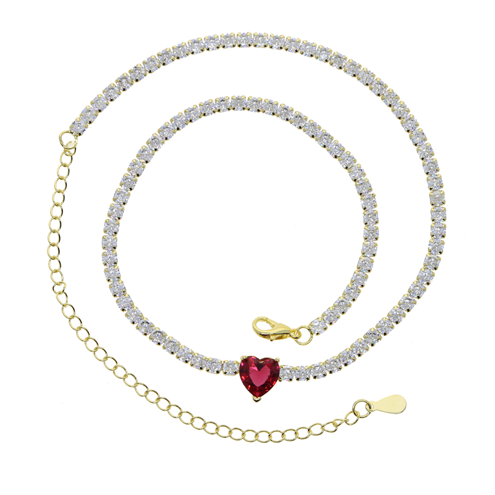 2021 Valentine's Day Gift 3mm Thin Tennis Chain Rainbow Colorful Red Green Blue White CZ Heart Gold Plated Girl Choker Necklace