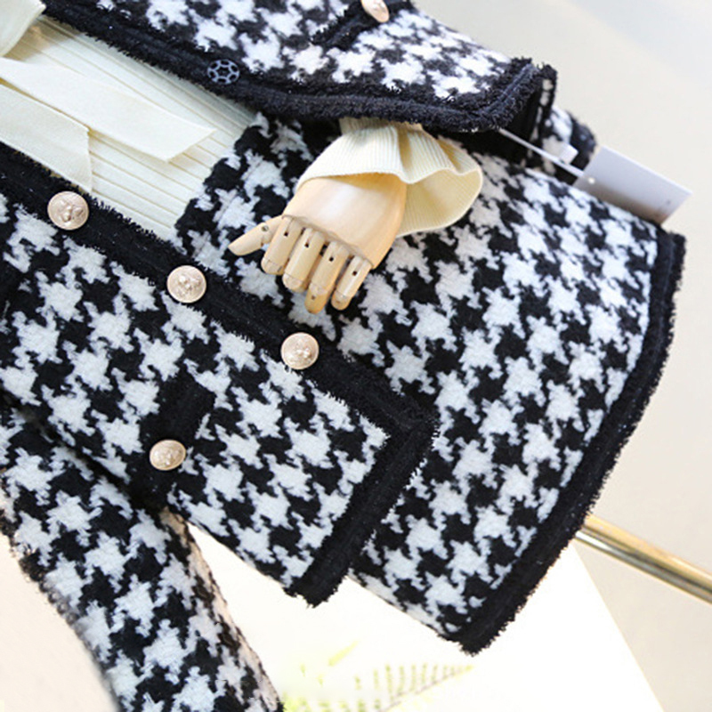Girls Sets Autumn Retro Plaid Tweed Suits Short Sleeve Short Design Coat Midi Skirt Suit Sweet Outfit 2pcs Children ClothesX1019