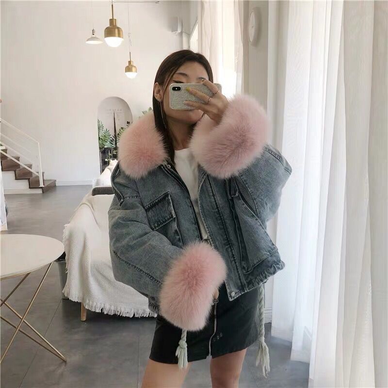 NEW winter velvet thick denim jacket female big fur collar Korean locomotive lamb coat female student short coat XXXL 4XL T200212