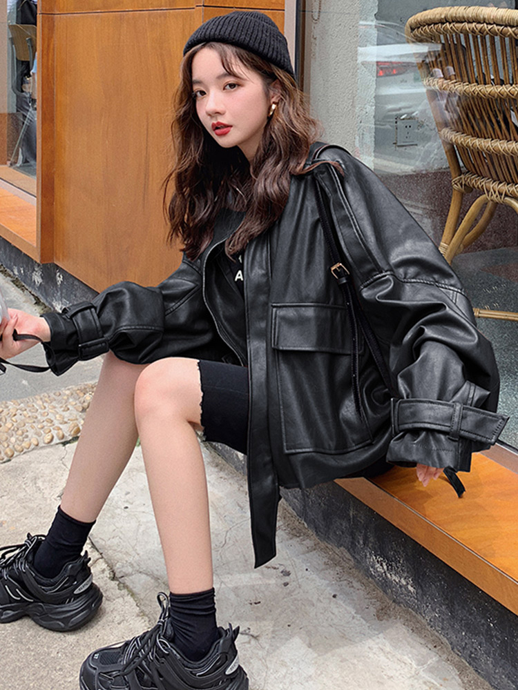 Lautaro oversized leather jacket women long sleeve Brown black loose faux leather jackets women Autumn plus size fashion 201020