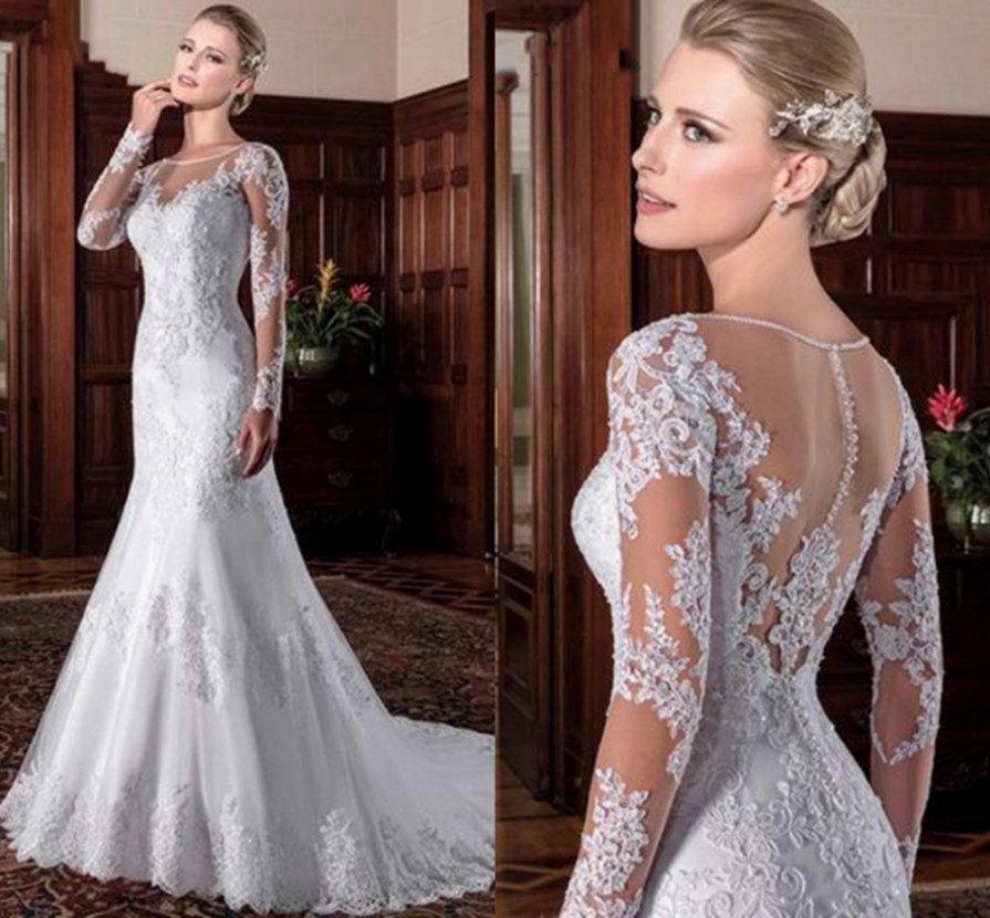 Illusion Vintage Mermaid Wedding Dress 2022 vestidos de novia Embroidery Appliques Long Sleeves White Bridal Gown robe de mariee