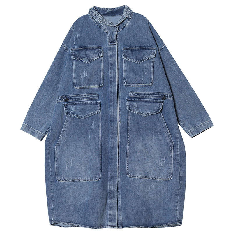 Cheap Oversize Casual Cowboy Trench Coat for Women Loose Outwear Long Denim Jean Coat Single-breasted Pocket Female Clothes 201111